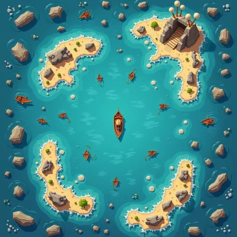 A map viewed from above, showing only the sea. The sea is filled with simple symbols such as boats, waves, and small rock formations, sunken ships and sunken ruins scattered throughout. In the exact center there should be a small boat. The map should be co...