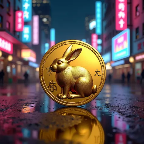 A gold coin with a rabbit motif、 NEON STREET 