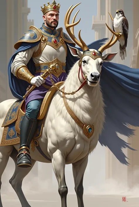 A mighty king in blue and purple robes. His face is that of a forceful ruler whose gaze is intelligent and penetrating. His age is 40 years old. He is riding a stag. He has a crown on his head and a large golden scepter in his hand. There is a falcon resti...