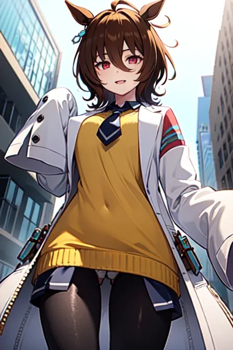  Agnes Tachyon 、Horse Girl、One person、 girl、Horse ears、Horse tail、 earring on one side 、Red eyes、 lines in eyes 、 shorthair、 brown hair 、Jacket、（White coat:1.2)、(bigger sleeve than wrist :1.1)、 yellow big sweater、 ties、 black pantyhose 、Stray hair、best qua...