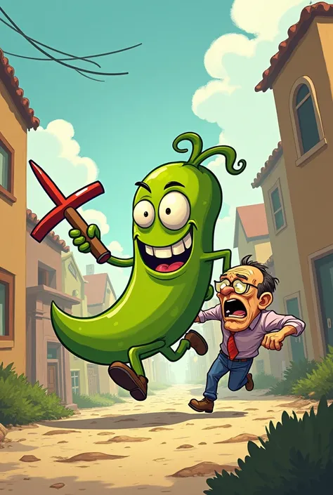 a bean chasing and attacking with an x-shaped weapon a jaundiced man with chills and abdominal cramps in cartoon style