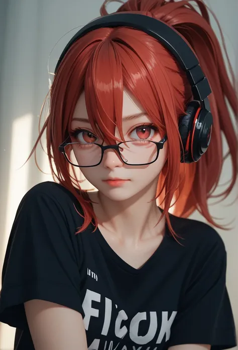 T-shirt, girl, RED Hair, Red Eyes, Hair Between Eyes, Action Figure, 3D Cartoon, Looking at viewer, No Background, Ponytail, Headphones, Glasses