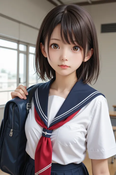 score_9,score_8_up,BREAK, rating_safe,source_real,one girl,cowboy_shot,small face,cute face,round face,bad chin,tareme,small nose,epicanthic folds,school uniform,looking at viewer,medium breasts,indoors