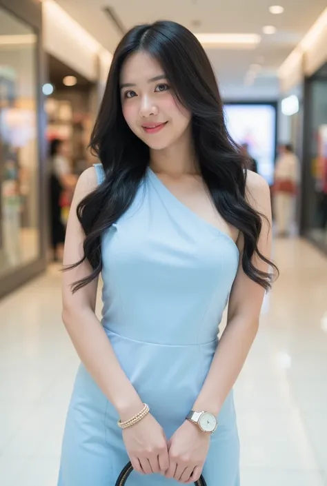 Photo of a beautiful smiling Thai woman with a beautiful figure, long black hair, beautiful legs and an A-cup bust. The model is wearing a light blue mini dress, a watch, a bracelet and a womens handbag, adding elegance and femininity. The background is a ...