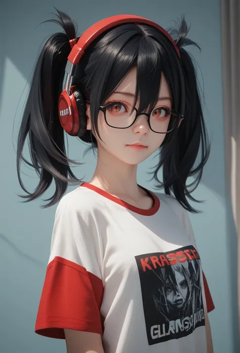 T-shirt, girl, Black Hair, Red Eyes, Hair Between Eyes, Action Figure, 3D Cartoon, Looking at viewer, No Background, Twintails, Headphones, Glasse