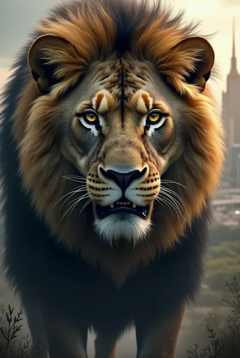 Create the image of a lion, With the perspective of details on the face . I would like the lion to look like a treacherous person. Bring the image to the American plane.