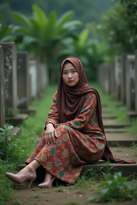  a beautiful woman , wear hijab,  wears kebaya and wears black leggings, wear high hills shoes , sad crying face facing the camera, sitting under behind muslim graves in indonesian village, Cannon photography , 8K