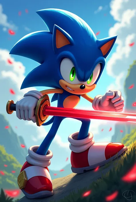 Sonic with a crimson sword and his eyes radiating a glimmer of bright green in the anime style