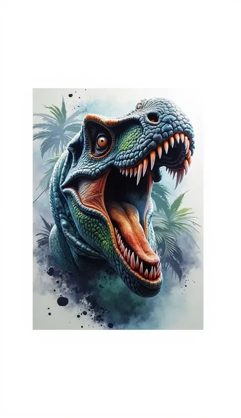  a very scary T-Rex dinosaur with a wide open mouth,  displays its sharp teeth .  The colors used in this image are striking and detailed , with a predominance of blue , green, and orange.  The techniques used give it a modern and contemporary look ,  crea...