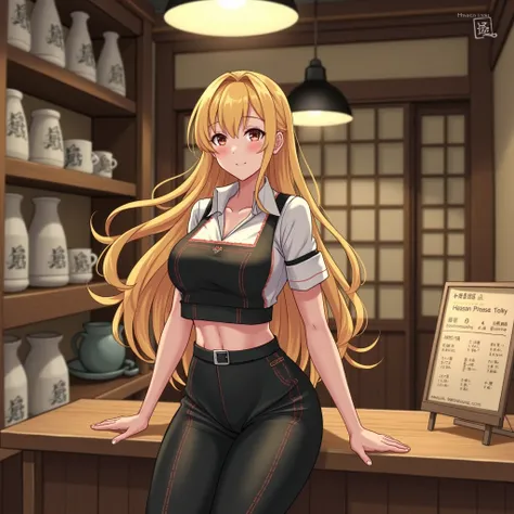 Physically fit woman with long blond hair and big breasts wearing a Japanese coffee shop uniform anime version