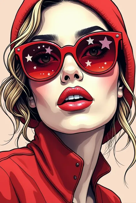 The model is wearing glass sunglasses with stars and the moon on the glasscree pour moi un logo pour un site web de vente des produit en ligne qui sappel kwetu market donne moi un logo qui est en couleur rouge blanc et qui est décore  avec des chose des ma...