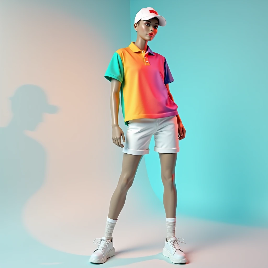  Create an image of a mannequin wearing a rainbow-colored short-sleeve polo shirt or tank top with white shorts or collars, with white sneakers and matching cap  