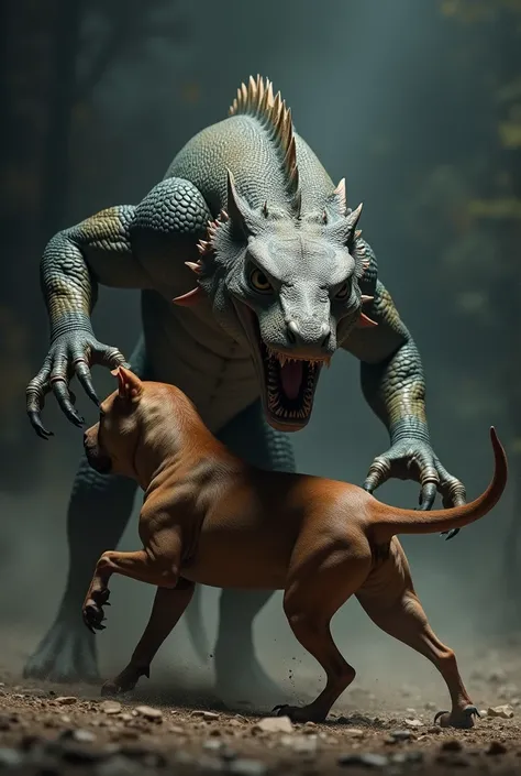 "A hyperrealistic scene of a powerful Komodo dragon in the act of defeating a Pitbull dog ,set in a dark, dramatic background.the Komodo dragon is pepicted with its sharp claws and imposing presence ,while the Pitbull is shown struggle but over whelmed , t...