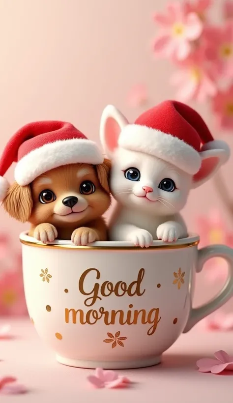  A small dog wearing a Santa Claus hat and a cat also wearing a cute Santa Claus hat sitting inside a cup of tea, with the phrase " Good morning " engraved on it.  The cup is white with pink flowers and gold details .   The dog and cat have realistic color...