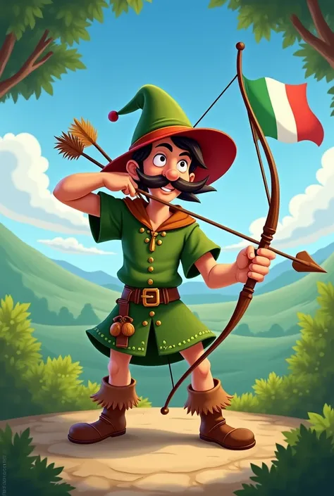 Italian robin hood named riciu hood with arch and italian flag, cartoon mode