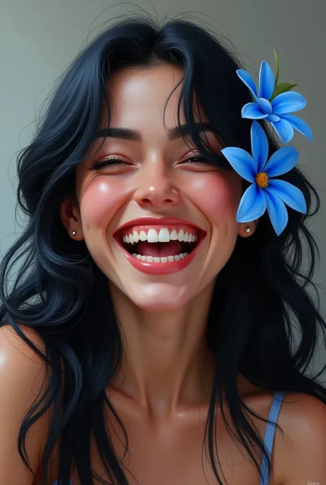 Laughing woman mocking with black hair with a blue flower in her hair 