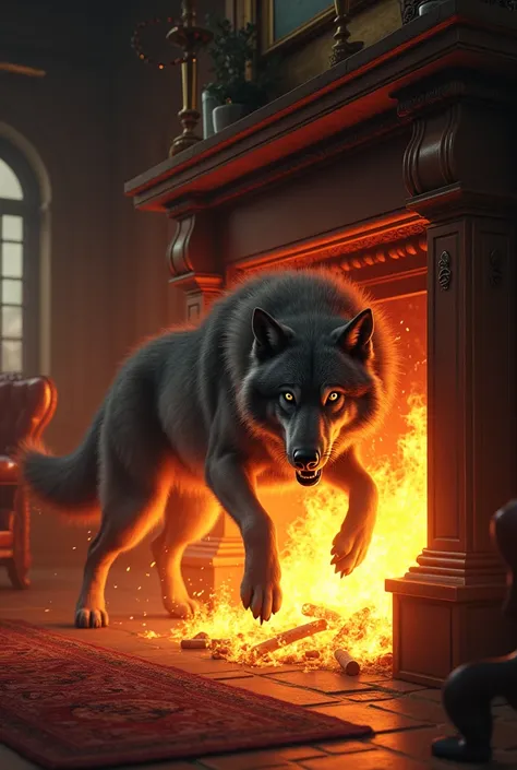 The wolf falls into the fireplace
