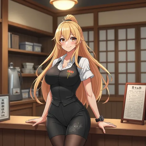 Physically fit woman with long blond hair and big breasts wearing a Japanese coffee shop uniform anime version