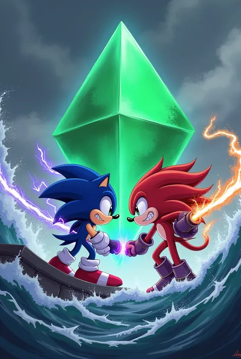 Nuckles the echidna vs Sonic the hedgehog fighting in the sea on a platform with a large emerald behind them while the waves are roaring strong and both with swords, one electric purple and the other crimson bright red