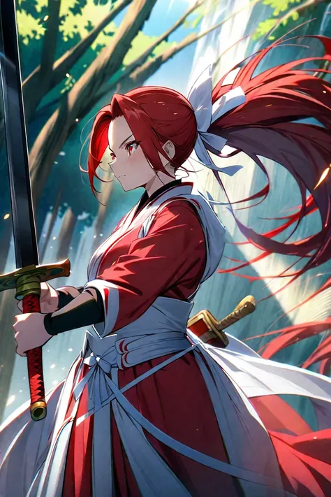  anime style、Demon Slayer style 、最 High Quality 、 High Quality 、Detailed depiction down to the last detail、Girl Swordsman 、Shrine maiden costume、 red eyes、Red Hair、 ponytail、 white ribbon