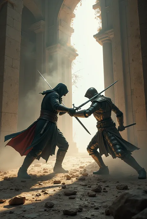 Assasin and templar battle, epic scene,  holding sword, destroying the wall