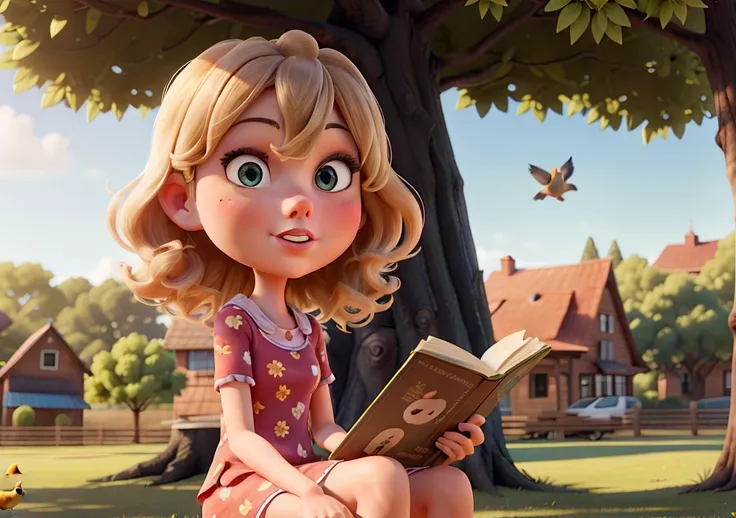 "Create a cartoon-style illustration of one 1 of Taylor Swift at , sitting under a large tree in a sunny park, reading a poem she wrote. She has loose, slightly wavy blonde hair and wears a floral sundress. Birds fly in the background, and sunlight filters...