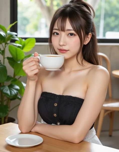 ((Old Nordic cafe))、(masterpiece), ((Horizontal droopy eyes)), ((nsfw)), (( beautiful hip line)), ((Beautiful belly button)), 超 high definition , ((Camouflage bra)), (( are placed on the table with agave titanota)), cute、 smaller breasts、Age 25、1people、 ve...