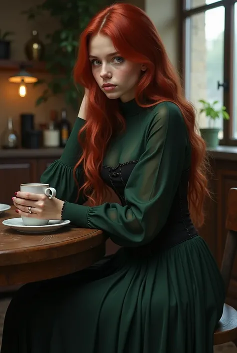  girl , dressed in a dark long skirt,  dark green shirt with a black corset. Long reddish hair,  Green eyes . A potion maker sits at a table drinking coffee after a sleepless night. The girl looks very tired. No electricity