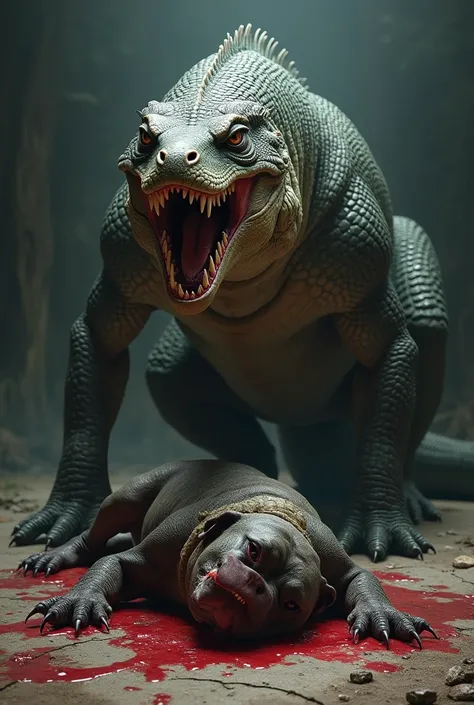 Komodo dragon venom is kill and stands atop of the bloodeid lifeless body of Pitbull dog in deep background hyperrealistic scene.