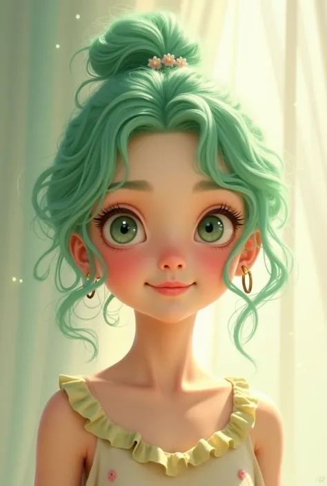 The girl smiles and smiles cutely on her rich, light green hair with a small amount on top of her head..