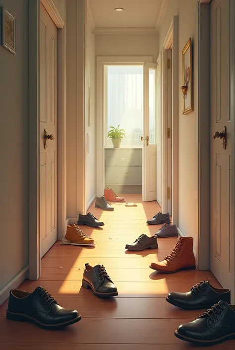 hallway with scattered shoes 