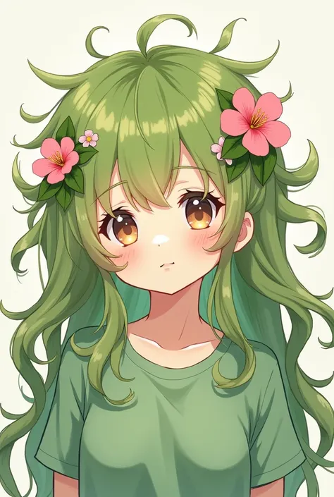 A plant-haired girl with pink flowers in her hair, green shirt, She smiles, use anime style 