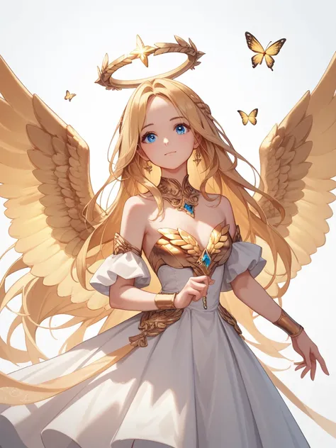   , With golden wings ,  with a halo behind golden , Goddess from heaven ,6-winged angel ,Cute , with a sacred sword ,, a small elegant shape  , with fluttering butterflies , golden hair  ,  in sparkling blue eyes , There is a golden rhombus on the side of...