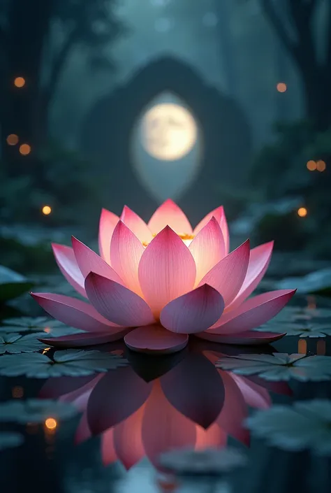 J aimerais un seul grand lotus au milieu d un lac avec un dégradée de rose sur les pétales une porte d entrée sur une des pétales autour il faut un fond  noir dans une foret féerique avec des lucioles qui éclairent un peu la forêt , une réflexion de la lun...