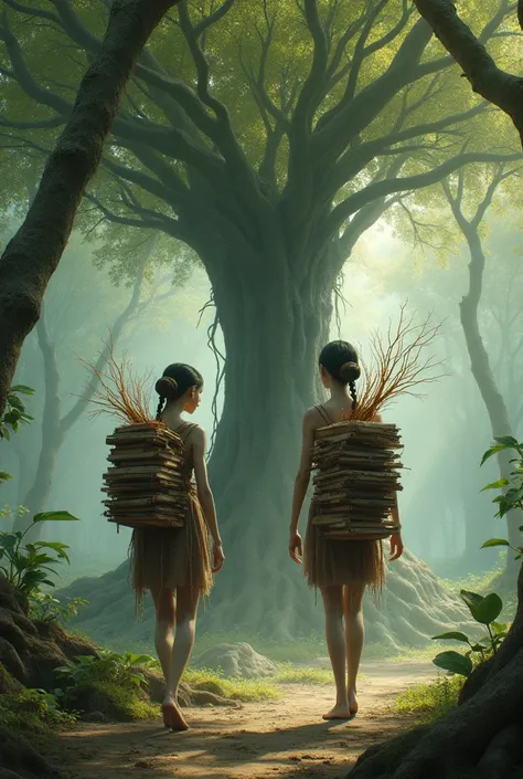 Two ren carrying roots from a tree in their backpacks and the leaves of the tree being books and cultural things 