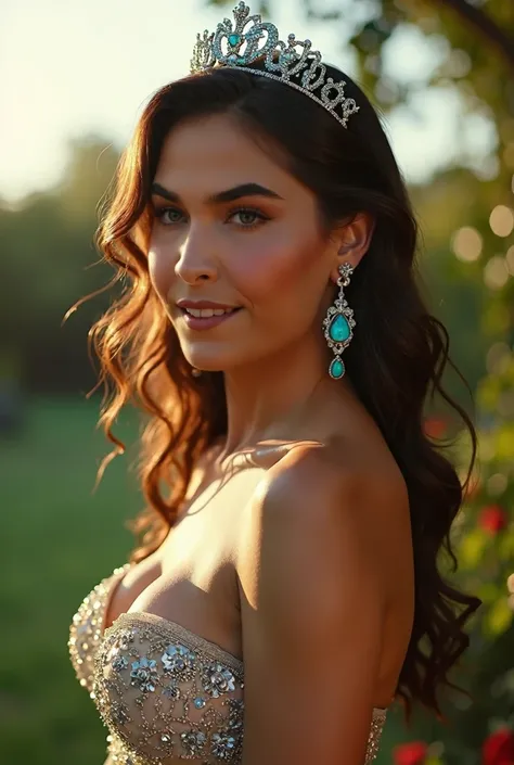 A beautiful young bodybuilder girl, (( big breasts:3.0)),  short dress catch them as a Quinceañera,  shiny red lips , princess makeup, Princess tiara, turquoise earrings,  portrait, taken with canon 5d ,  close, Environmental intake,  cara detallada ,  Bea...