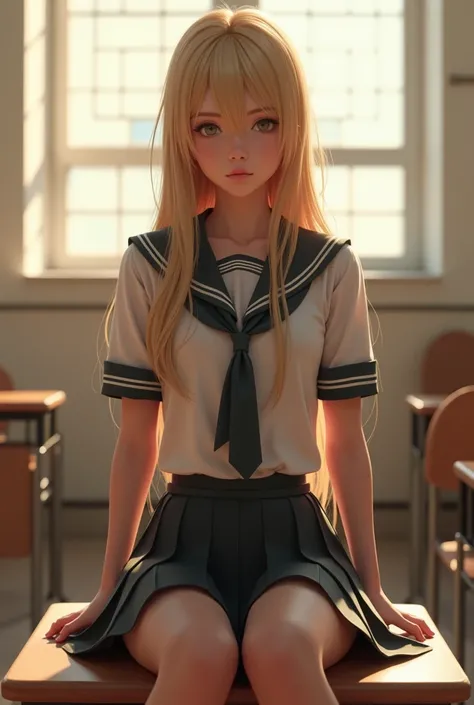 (photorealism:1.2), beautiful teen girl, sitting on school desk, wearing school uniform, tiny skirt, nice body, long straight blonde hair, indoors, soft lighting, school classroom in background, window with sunlight, tough girl, straight posture, realistic...