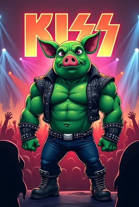 Sexy muscular green pig at the band Kiss concert, generate cartoon image  