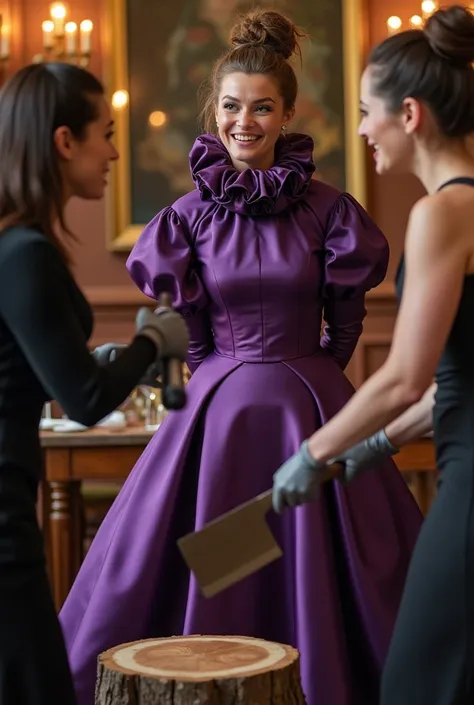 (realistic photograph sideways close up), (a smiling surprised willing beautiful Caucasian lady with (messy hair bun) and wearing (excessive shiny purple silk dress with (long gigantic puff sleeves), (and with an ultra high tight stand-up collar up to her ...