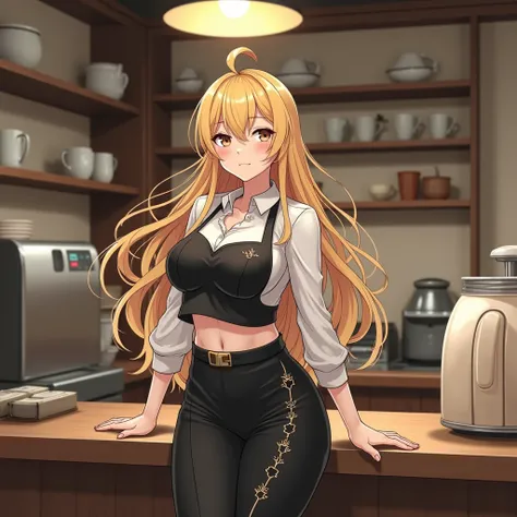 Physically fit woman with long blond hair and big breasts wearing a long-sleeved uniform from a Japanese coffee shop anime version