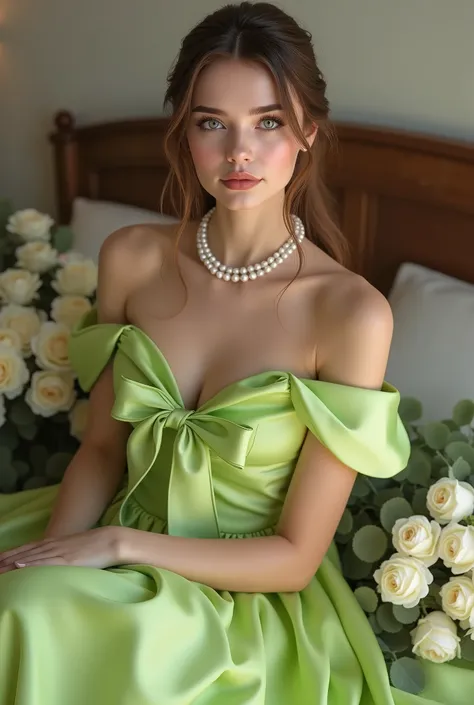 Elegant spring lime green fairy dress off the shoulder, feminine, chic, , puffy, satin, silk, satin dress, pearl necklace, romantic, satin and silk, bride, (full body shot), ((long lime green satin dress)), (satin dress), ((satin and silk)), ((necklace)), ...