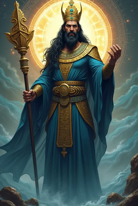 Imagine Enki, the ancient Sumerian god of wisdom, water, and creation. He is depicted as a powerful yet serene deity, exuding intelligence and deep knowledge. Enki stands tall with a strong and noble physique, his posture dignified and commanding. His face...