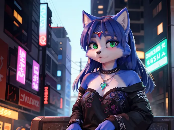 ((krystal)), Star Fox-Krystal, lovable, green eyes, ((( long blue hair 1 .3))), Decollete, anthro, Fuzzy,  detailed Fluffys fell,  detailed face , (Fluffy),  1 girl, ,woman, Goth, green eyes, undercut, ultra-realistic 8k cg ,  masterpiece, (( ultra-detaile...