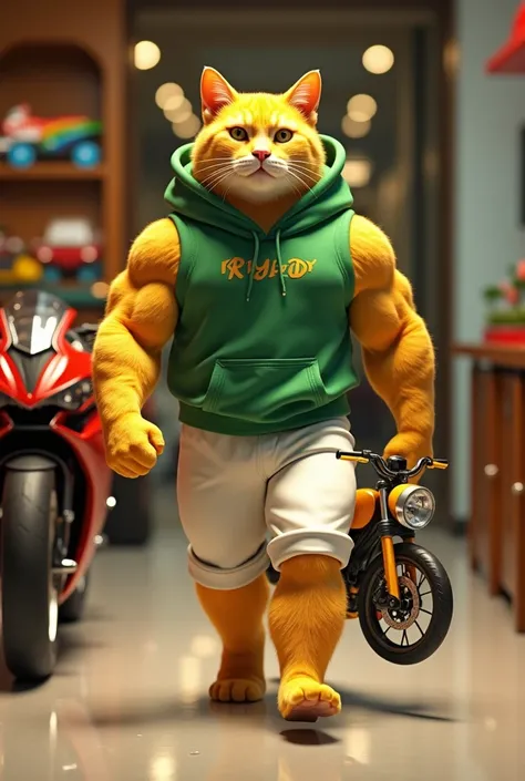  A yellow bodybuilder male cat wearing green hoodie and white trouser walking and holding a very little  toybike background a luxurious toy bike shop 