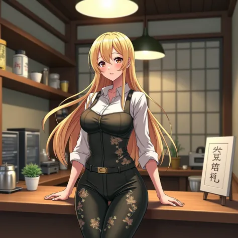 Physically fit woman with long blond hair and big breasts wearing a long-sleeved uniform from a Japanese coffee shop anime version