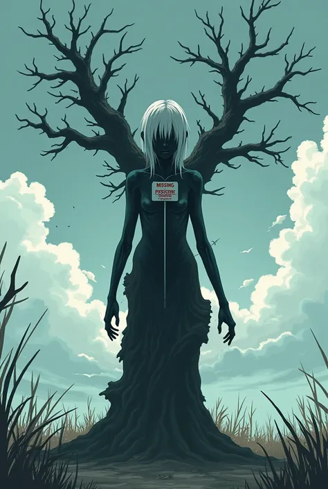  a girl dead tree ,  with white hair and leaves ,  with black skin and bark , she is dead ,  has a sign of a missing girl ,  a nail in the sign is stuck in her chest, use anime style