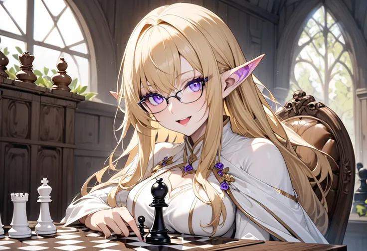 (beautiful and delicate) (Spectacular views illustration), (in a nature white clothes, Silk cape, glasses), ((Play Chess style)), (pov, focus face), solo, (Sharp large wounds on the skin), (low-tied long hair, vivid Blonde hair), (ultra immensely beautiful...