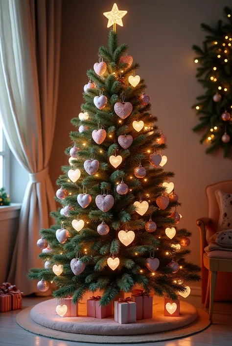 Produce a image of a Christmas tree with hearts and only white and pink as color