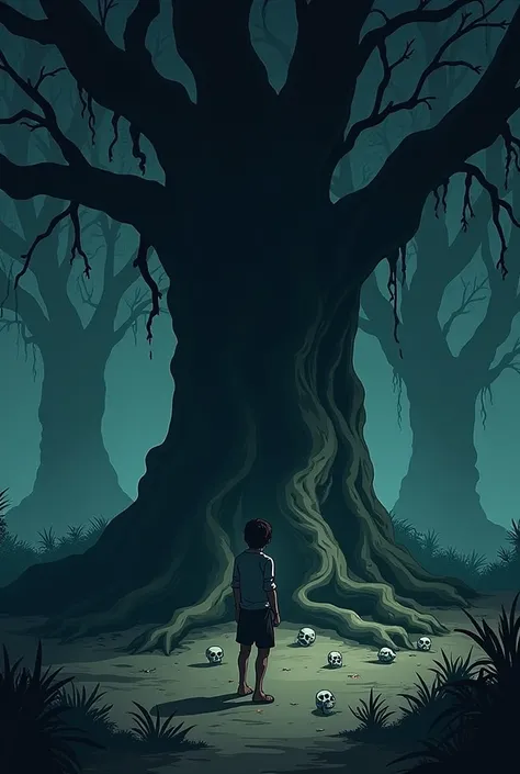 I need a cartoon image in darkfont and it should be scary, by the prompt Scene detail: The banyan trees thick roots curling and slithering toward the man’s feet, with small skeletal bones visible in the soil. The ghost is approaching in the background.
