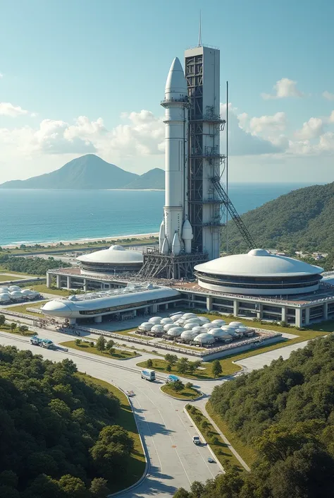 CREATING THE PERFECT REALISTIC AND WELL-DETAILED IMAGE ,  OF A MODERN AEROSPACE PORT , WELL EQUIPPED TO LAUNCH ROCKETS TO THE MOON,  LOCATED JUST OUTSIDE THE CITY OF ESMERALDAS IN ECUADOR MUST BE ON THE PLAIN AND CLOSE TO THE PACIFIC OCEAN,  BUT THAT YOU C...